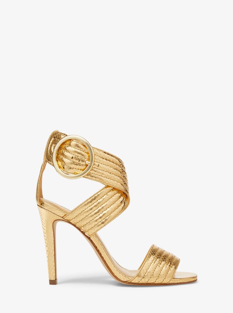 Michael Kors Remi Metallic Snake Embossed Leather Sandal Sandalen Damen Gold | HFNBGC871