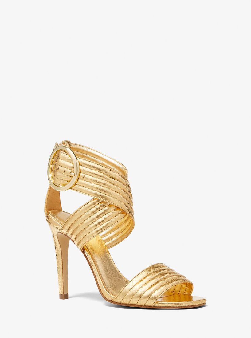Michael Kors Remi Metallic Snake Embossed Leather Sandal Sandalen Damen Gold | HFNBGC871
