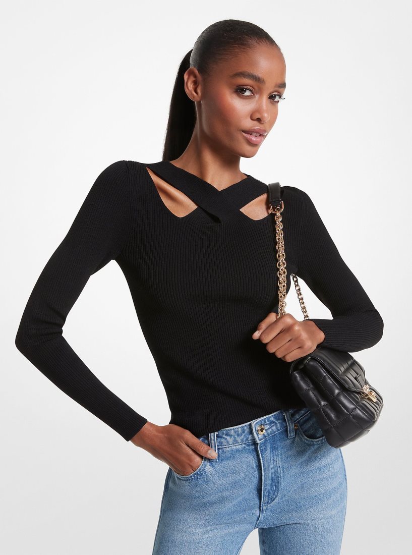 Michael Kors Ribbed Stretch Knit Cutout Sweater Pullover Damen Schwarz | FKRCAS459