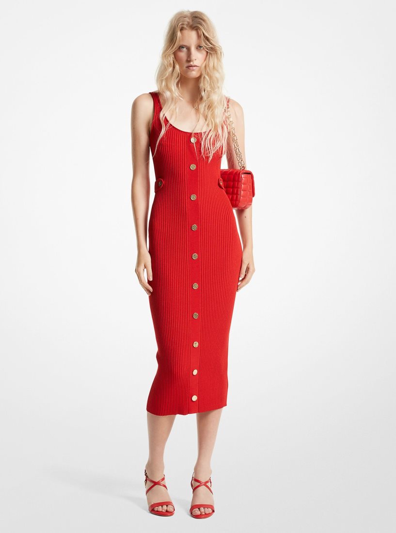 Michael Kors Ribbed Stretch Knit Midi Dress Kleid Damen Rot | BMITJH964