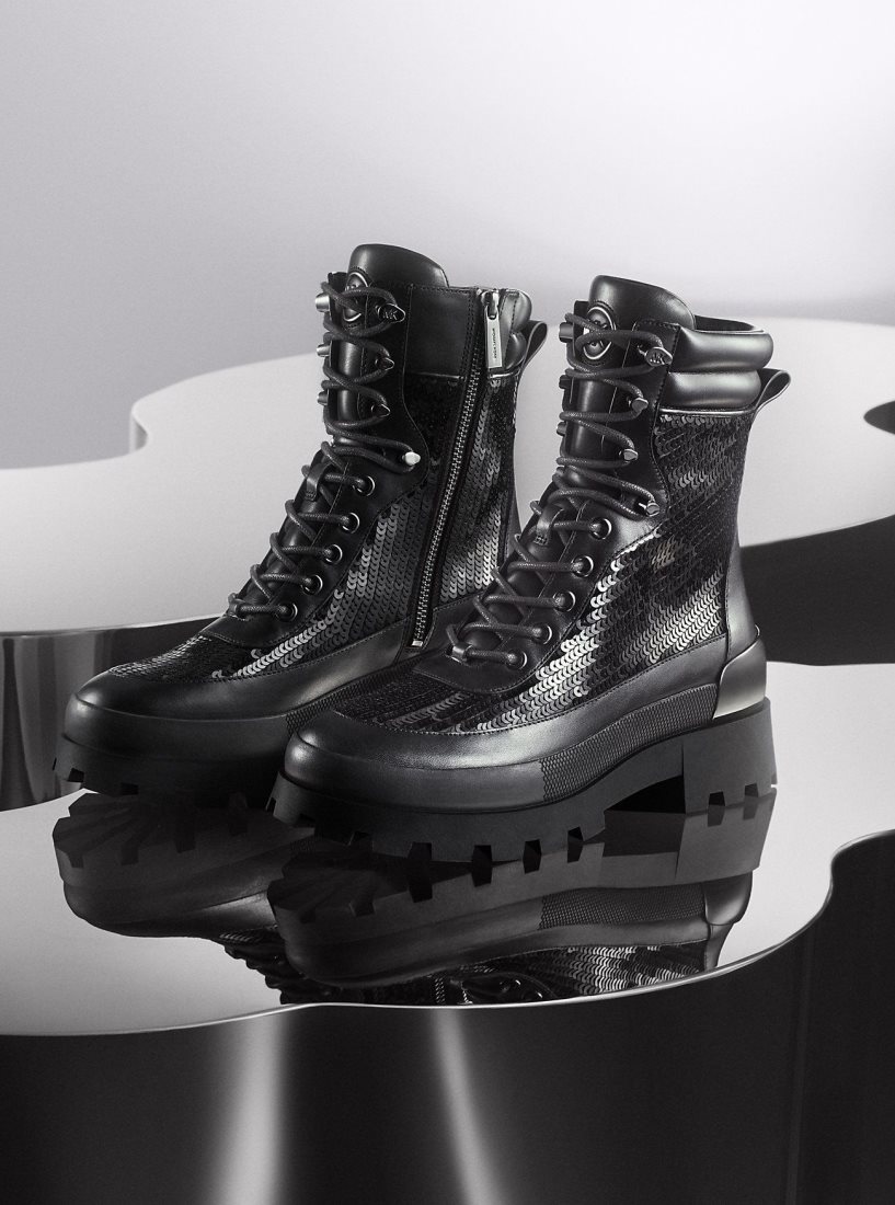 Michael Kors Rowan Embellished Leather Lace-Up Boot Stiefeletten Damen Schwarz | FYPTWM624