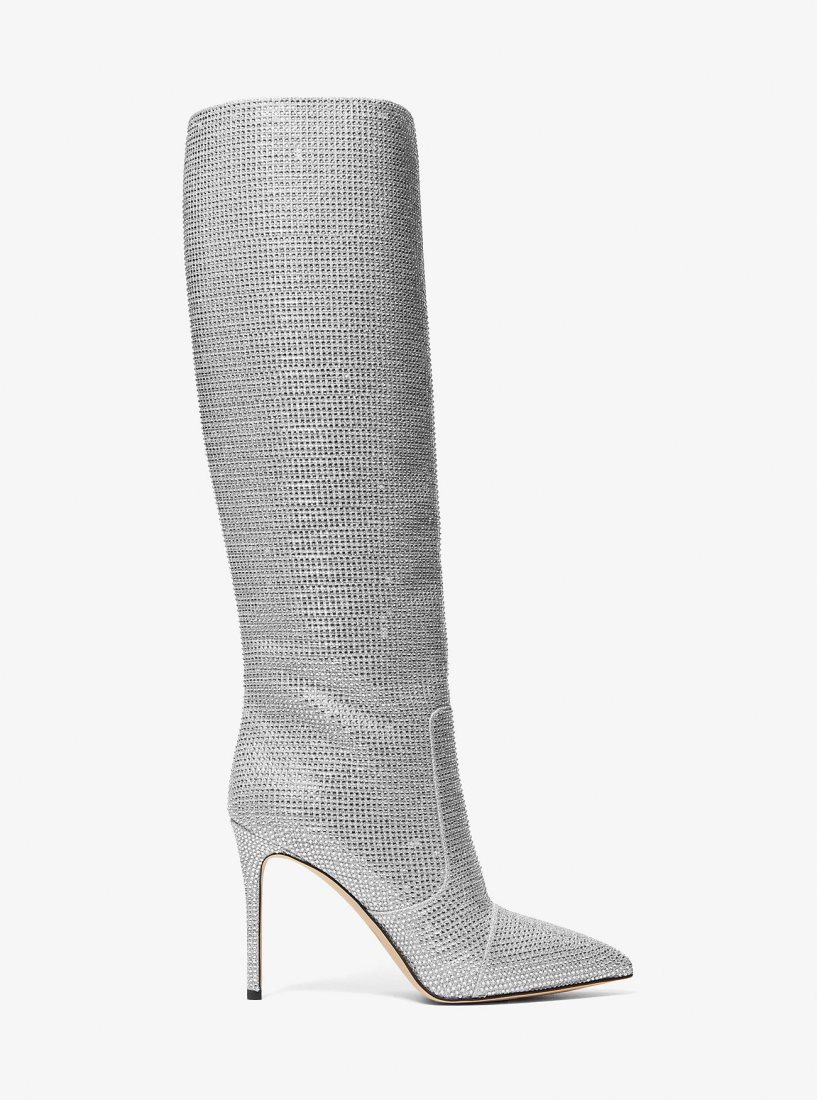 Michael Kors Rue Embellished Glitter Chain-Mesh Knee Boot Stiefel Damen Silber | HKVYWP823