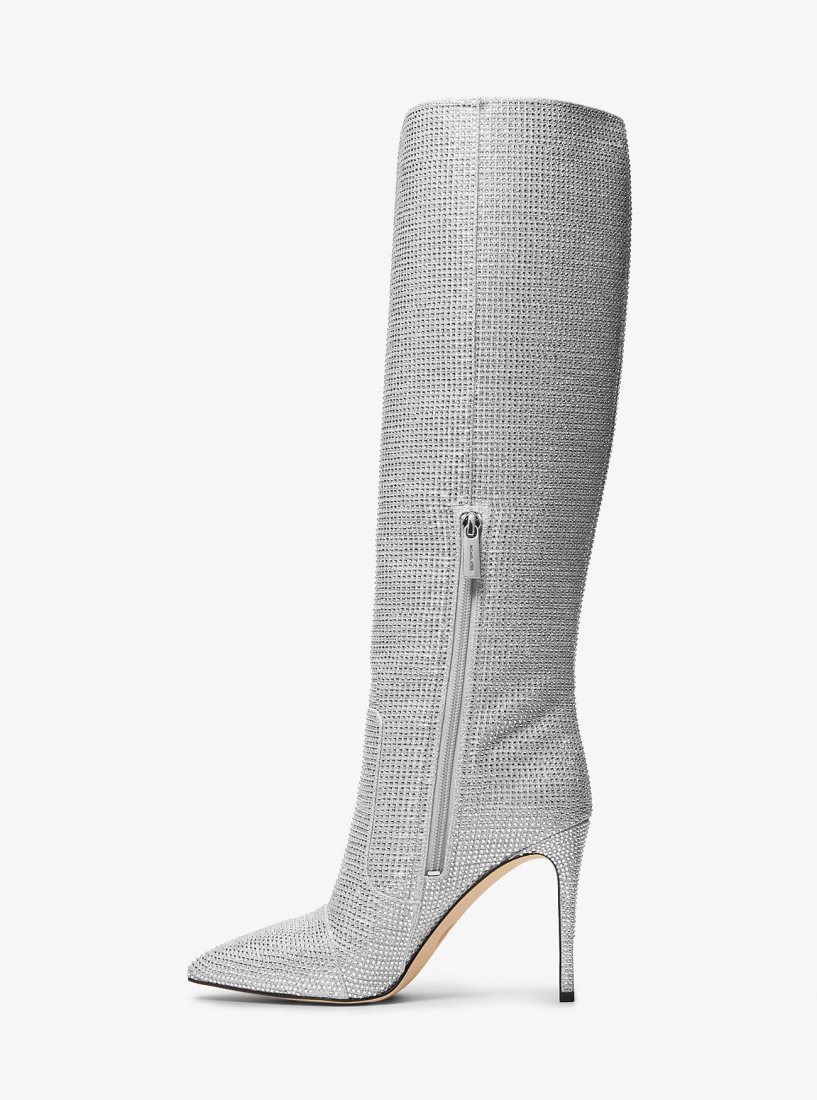Michael Kors Rue Embellished Glitter Chain-Mesh Knee Boot Stiefel Damen Silber | HKVYWP823