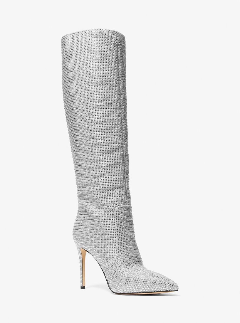 Michael Kors Rue Embellished Glitter Chain-Mesh Knee Boot Stiefel Damen Silber | HKVYWP823