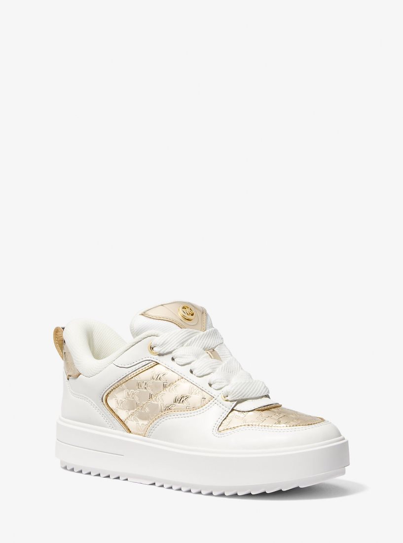 Michael Kors Rumi Leather and Logo-Embossed Metallic Platform Sneakers Sneakers Damen Gold | GNIDXM093
