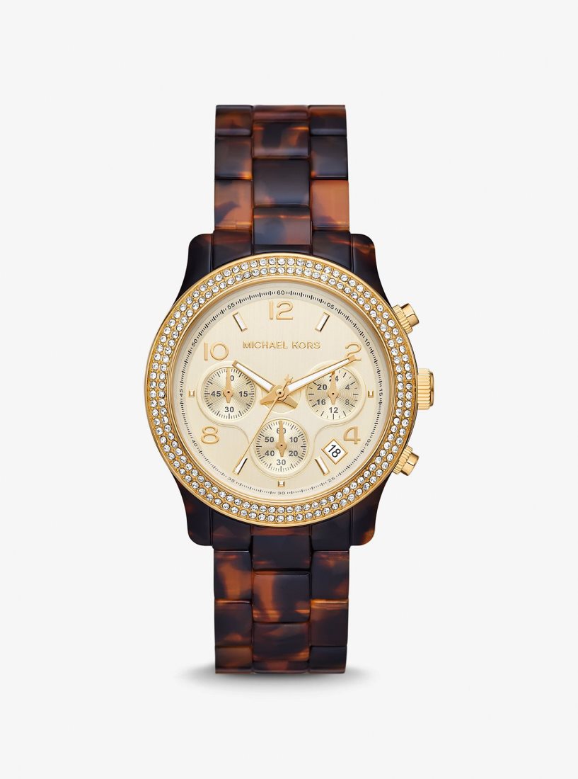 Michael Kors Runway Pave Gold-Tone and Tortoiseshell Acetate Watch Gold-tone Damen Tortoise | QCSKFU026