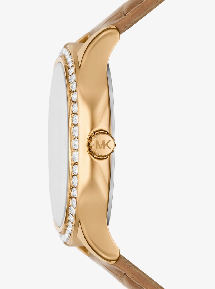 Michael Kors Sage Pave Gold-Tone and Crocodile Embossed Leather Watch Gold-tone Damen Peanut | GEVIJD485