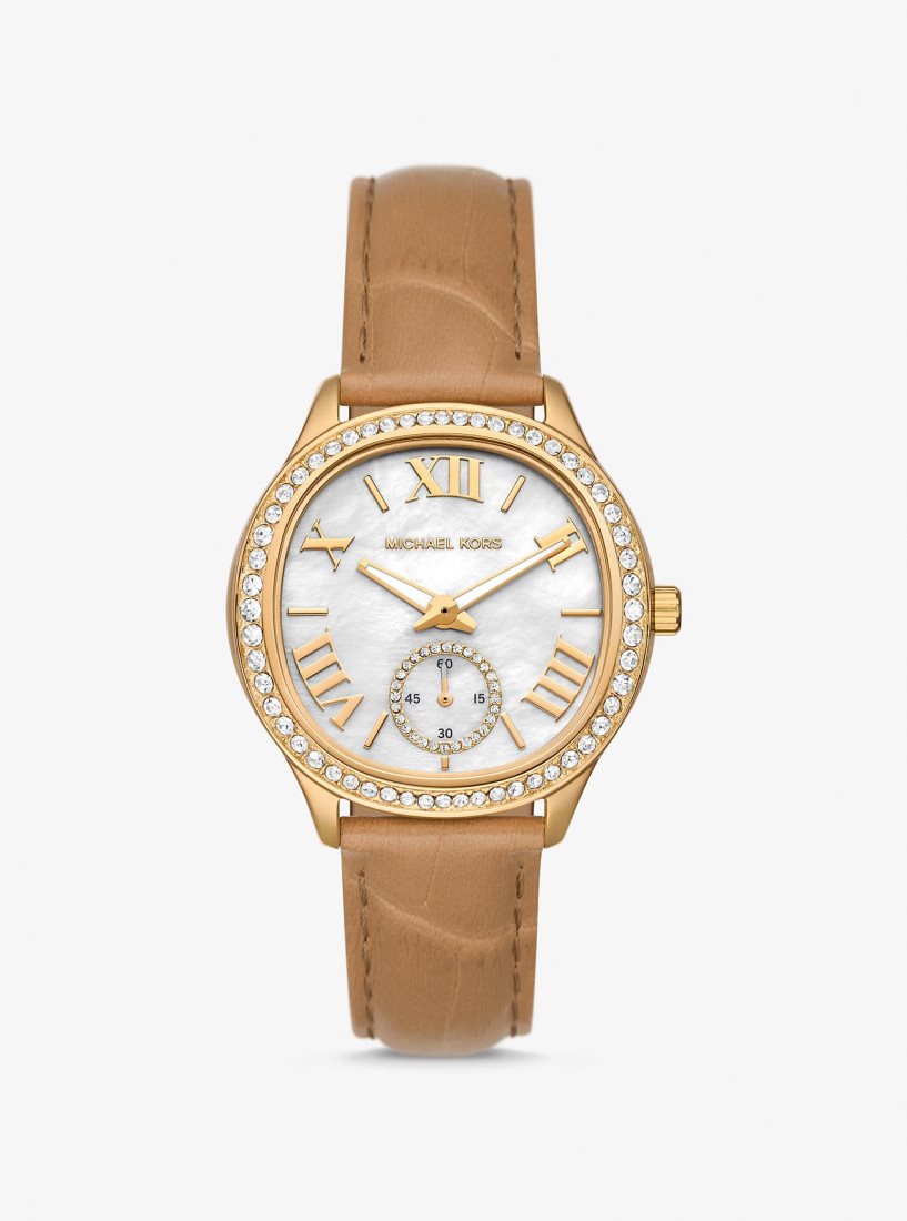 Michael Kors Sage Pave Gold-Tone and Crocodile Embossed Leather Watch Gold-tone Damen Peanut | GEVIJD485