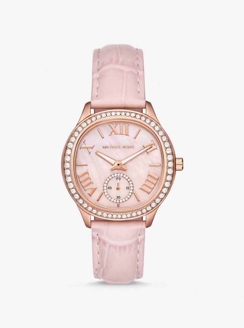 Michael Kors Sage Pave Rose Gold-Tone and Crocodile Embossed Leather Watch Gold-tone Damen Rosa | OBDRIH105