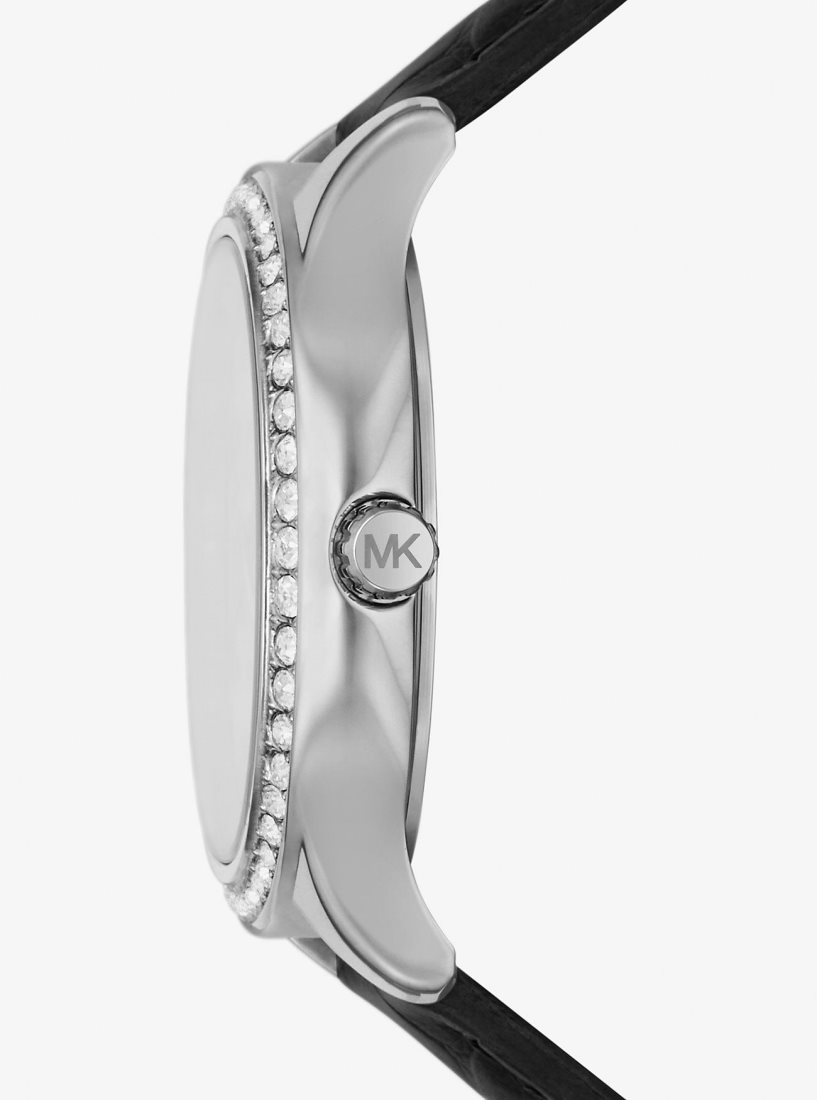 Michael Kors Sage Pave Silver-Tone and Crocodile Embossed Leather Watch Silver-tone Damen Schwarz | BJUNDH649