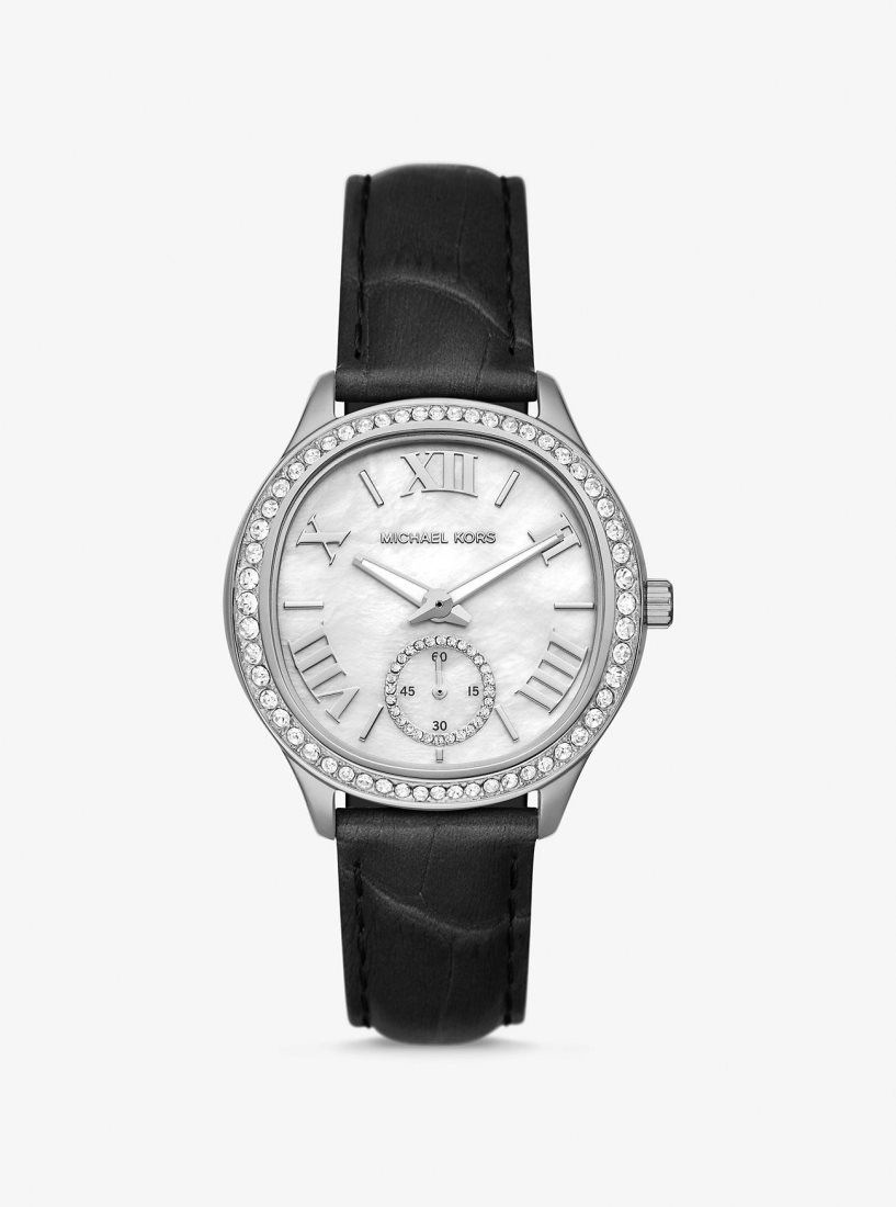 Michael Kors Sage Pave Silver-Tone and Crocodile Embossed Leather Watch Silver-tone Damen Schwarz | BJUNDH649