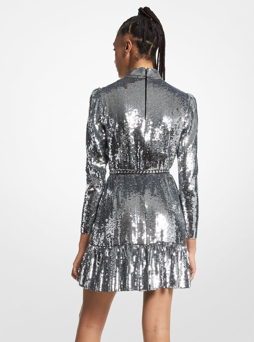 Michael Kors Sequined Georgette Ruffled Dress Kleid Damen Silber | KEIBYM892