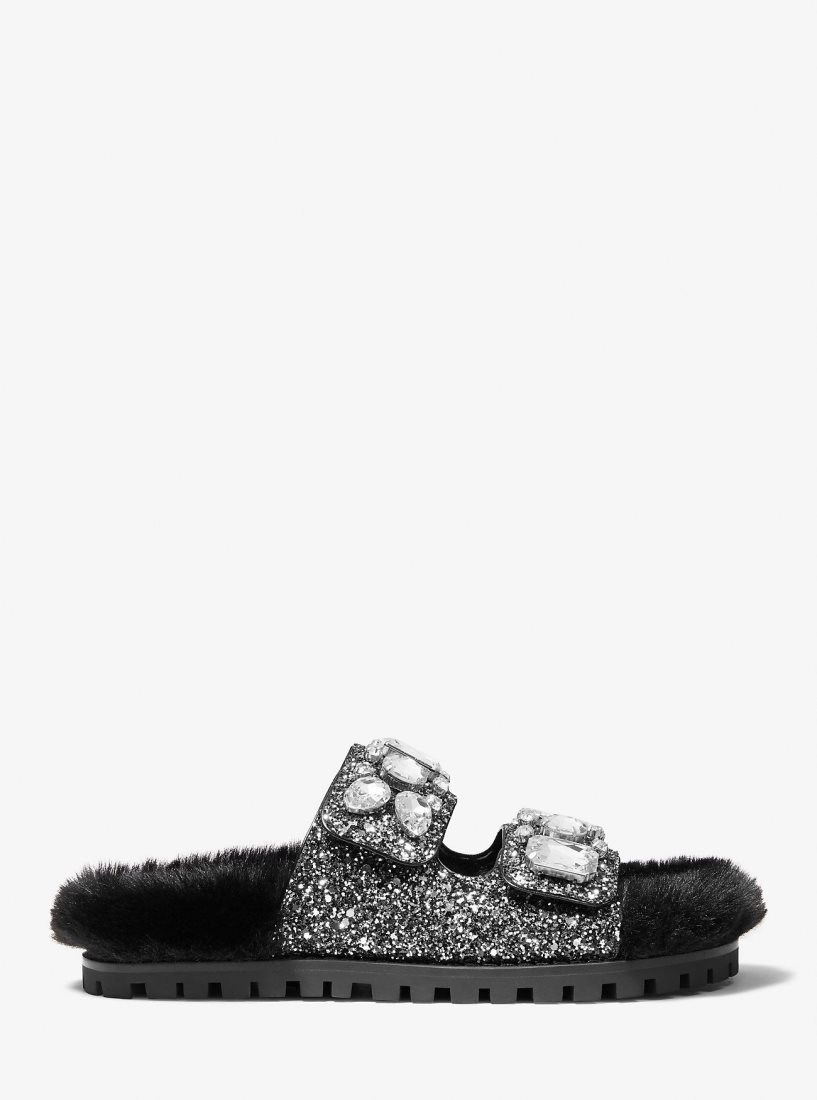 Michael Kors Stark Embellished Glitter and Faux Fur Slide Sandal Hausschuhe Damen Schwarz Silber | FKMOZV376