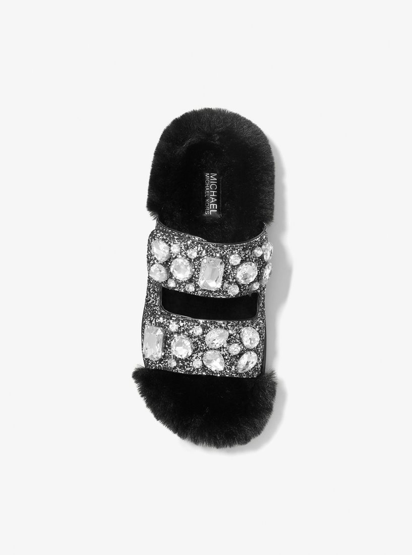 Michael Kors Stark Embellished Glitter and Faux Fur Slide Sandal Hausschuhe Damen Schwarz Silber | FKMOZV376