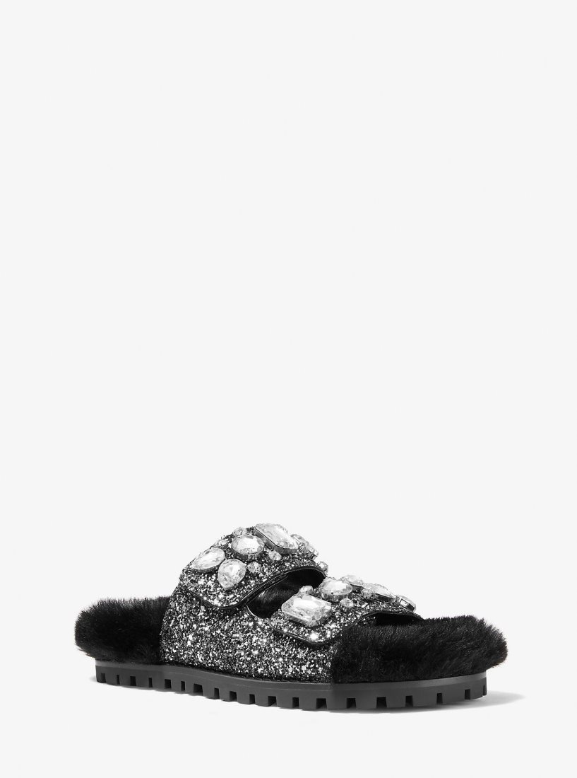 Michael Kors Stark Embellished Glitter and Faux Fur Slide Sandal Hausschuhe Damen Schwarz Silber | FKMOZV376