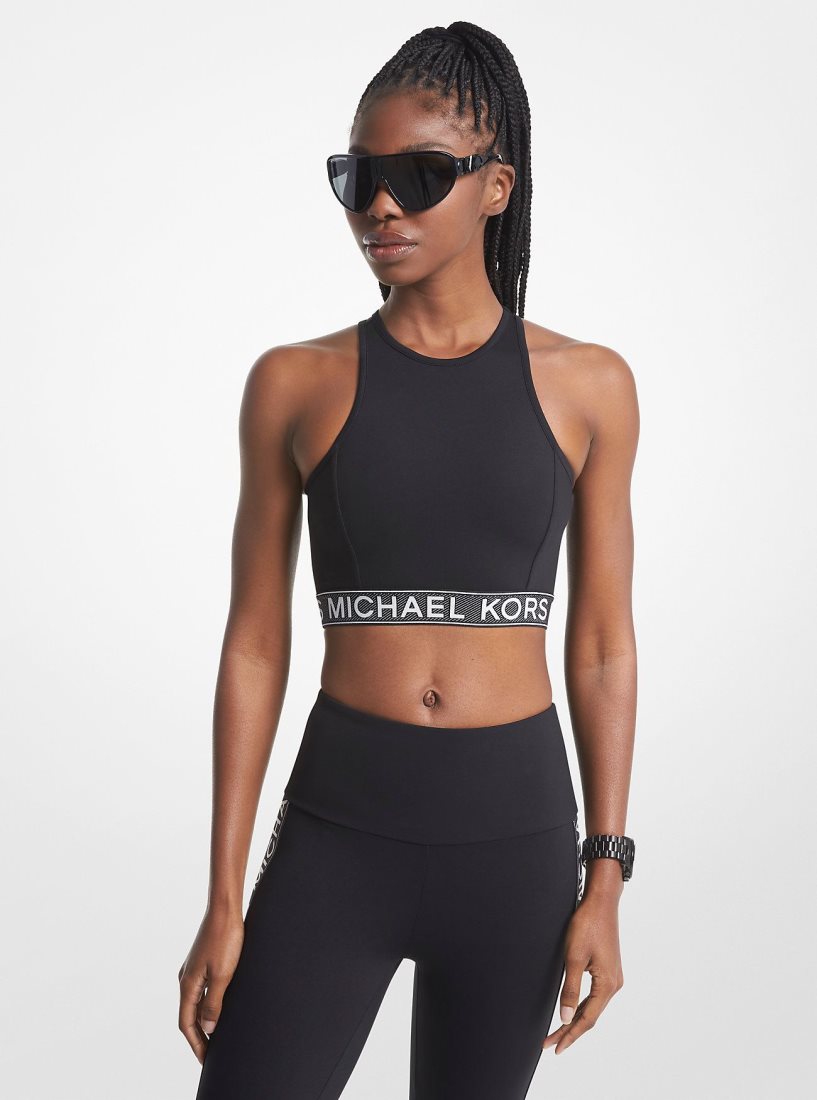 Michael Kors Stretch Nylon Logo Tape Racerback Sports Bra T-shirts Damen Schwarz | HRCIZK493