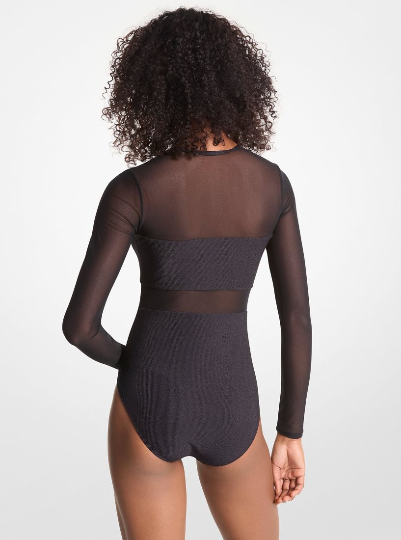 Michael Kors Stretch Nylon Zip-Up Swimsuit Bademode Damen Schwarz | HCGSNZ435