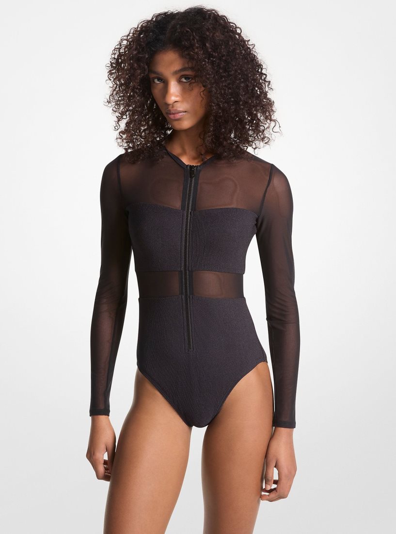 Michael Kors Stretch Nylon Zip-Up Swimsuit Bademode Damen Schwarz | HCGSNZ435