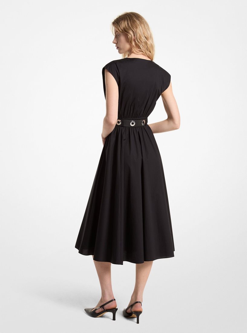 Michael Kors Stretch Organic Cotton Poplin Midi Dress Kleid Damen Schwarz | NXDQKB807