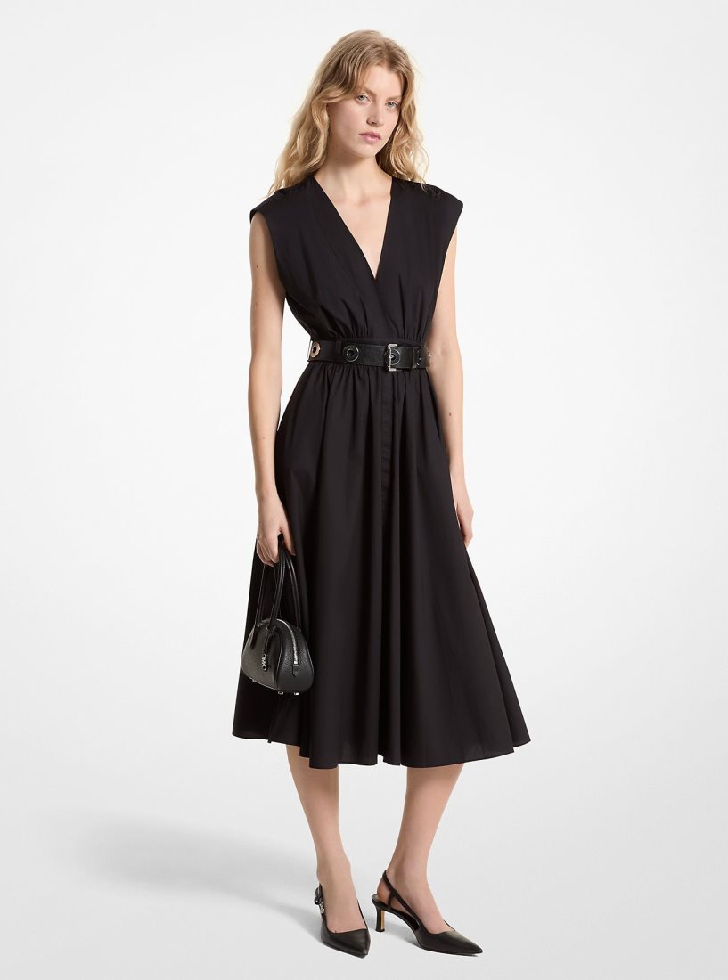 Michael Kors Stretch Organic Cotton Poplin Midi Dress Kleid Damen Schwarz | NXDQKB807