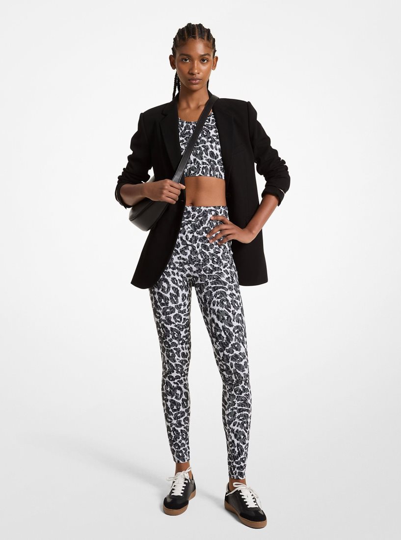 Michael Kors Stretch Recycled Nylon Leopard Logo Leggings Hose Damen Grau | XIGMCT046