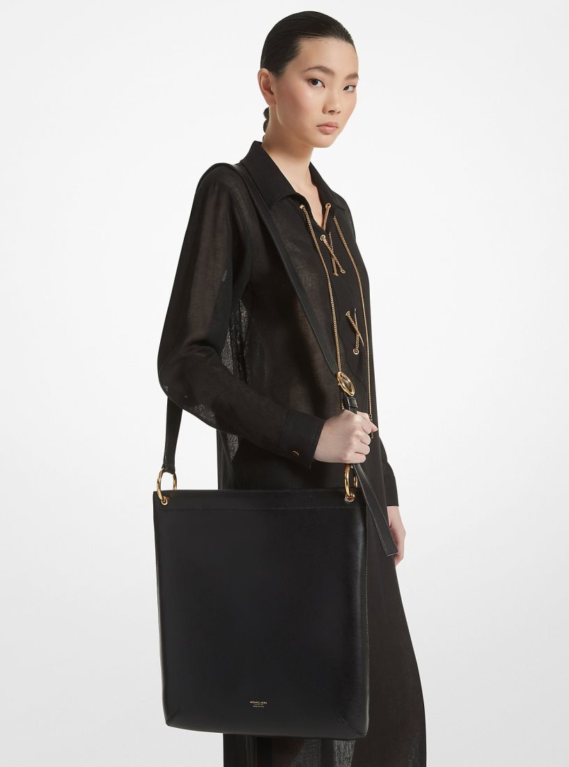 Michael Kors Tate Large Leather Messenger Bag Handtasche Damen Schwarz | FANLJV458