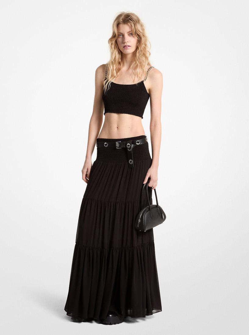 Michael Kors Tiered Smocked Georgette Maxi Skirt Röcke Damen Schwarz | GXYAZN140
