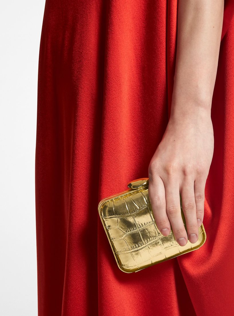 Michael Kors Tina Mini Metallic Crocodile Embossed Leather Minaudiere Unterarmtasche-Taschen Damen Gold | QYUGOM703