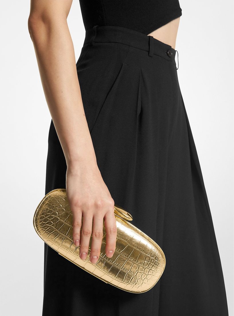 Michael Kors Tina Small Metallic Crocodile Embossed Leather Minaudiere Unterarmtasche-Taschen Damen Gold | RSNCMZ837