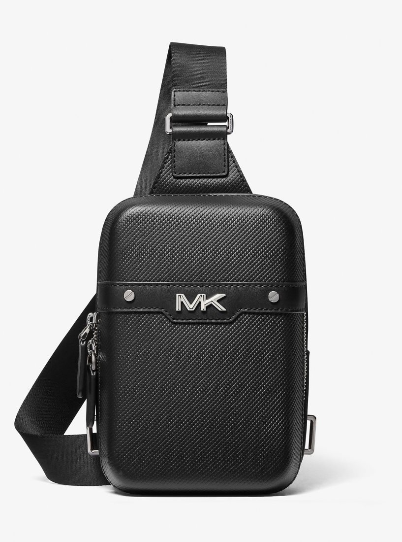 Michael Kors Varick Medium Textured Leather Sling Pack Umhängetasche Herren Schwarz | ELTWUJ927
